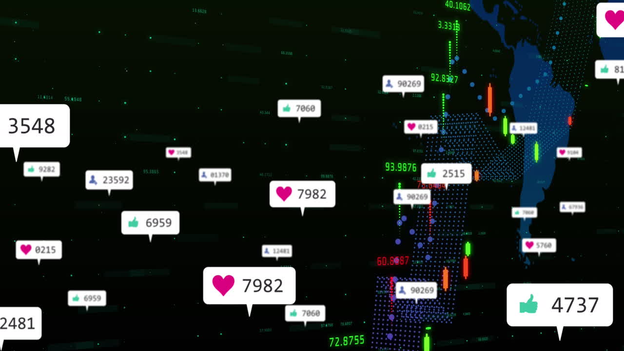 animación de barras de notificación con múltiples gráficos y mapa sobre fondo negro