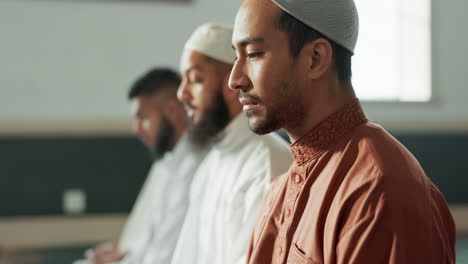 islamic, praying and men in a mosque for spiritual