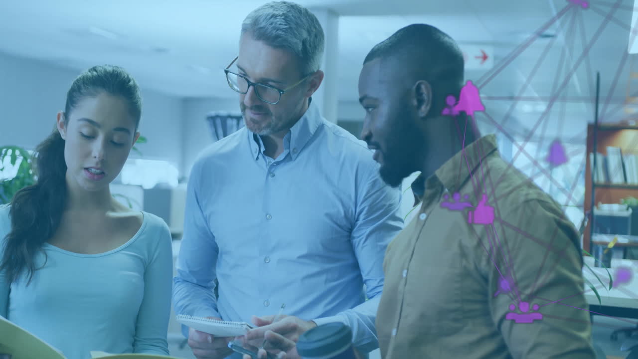 Discussing work, diverse colleagues with digital network animation overlay in office