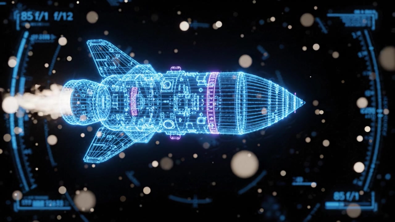 Futuristic Wireframe Rocket Model in Space with Detailed Engine, Propulsion Flames, and High-Tech Display Overlay. Stunning 3D Visualization of Rocket Science.