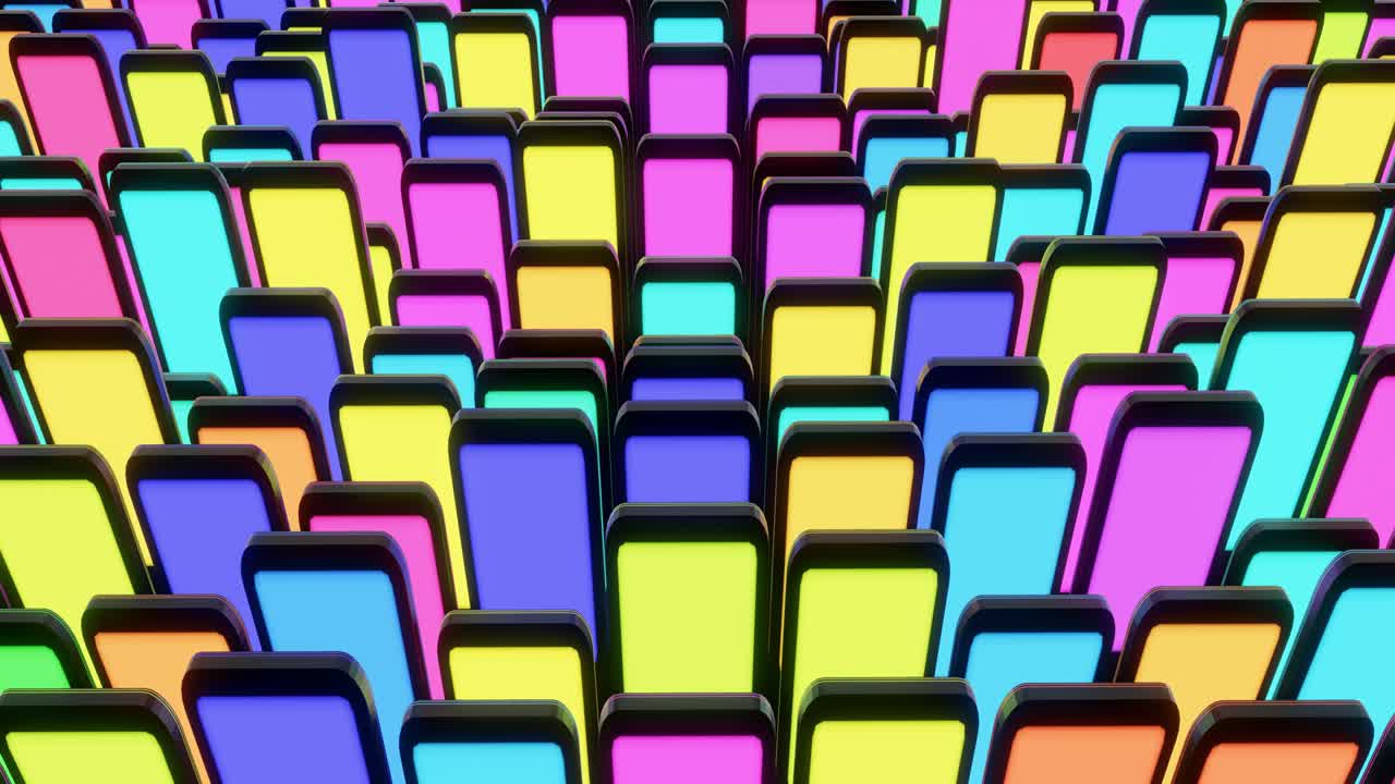 4r bucle fondo oscuro con bloques abstractos en plano como dispositivos con iluminación de pantalla con luz de neón multicolor. bg para espectáculos festivos o eventos de vacaciones, conciertos, videos musicales, vj para clubes nocturnos.