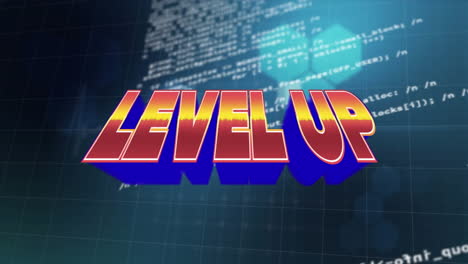 level up text over hexagonal shapes and data processing against blue background