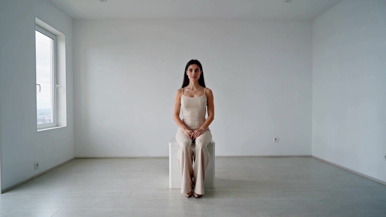 Donna in posa per un ritratto, con un top beige, mentre la telecamera inizia a riprendere da un cubo in studio, con una finestra a sinistra.