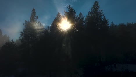 god rays shining through forest trees in fog, slowly moving to reveal wooded hillside and sun in distance, aerial footage