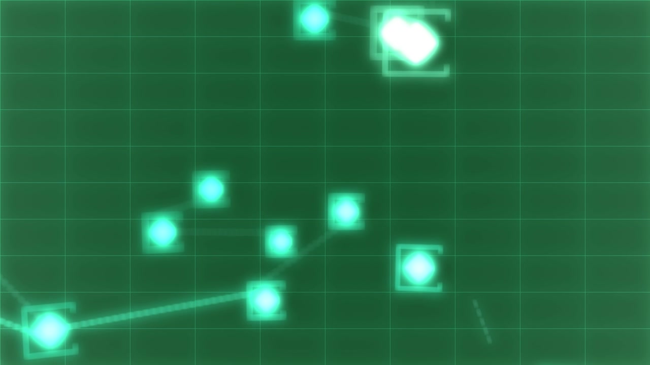 Left nodes emerging neon linking forming clusters pulsing moving to show flow on transparent grid