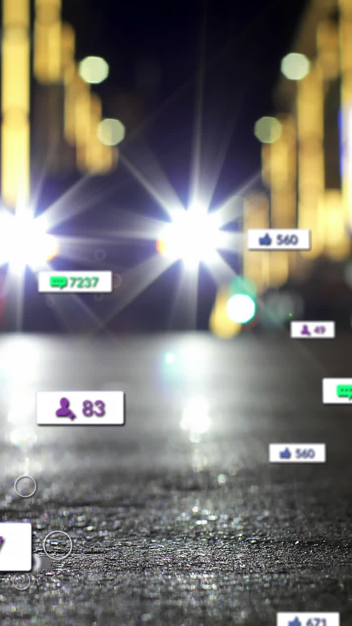 Animation of social media icons and numbers over out of focus city and traffic lights