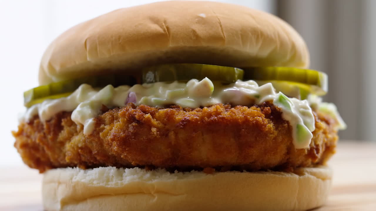 Sandwich di pollo croccante con sottaceti, primo piano illuminato in studio che mostra impanatura dorata, coleslaw cremoso alla maionese, morbido