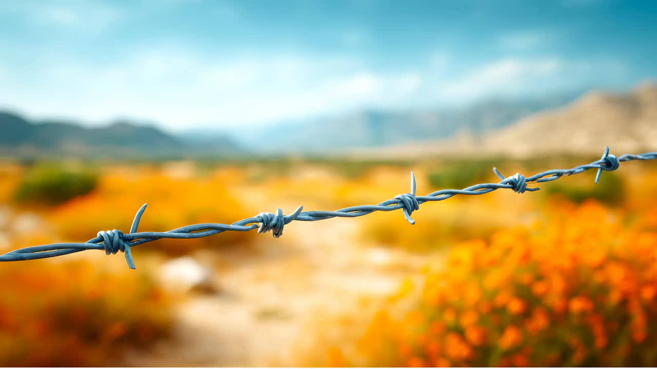 Barbed wire fence in desert landscape. A close-up of barbed wire with a vibrant desert of orange flowers and distant mountains behind it