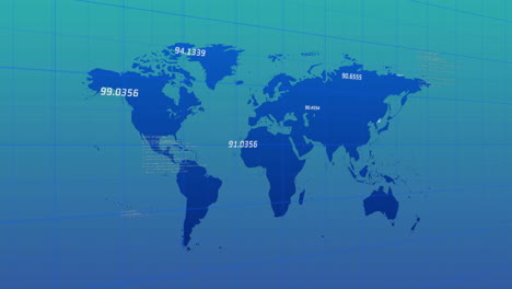 animación de números sobre el patrón de cuadrícula y el lenguaje informático contra el mapa sobre fondo azul