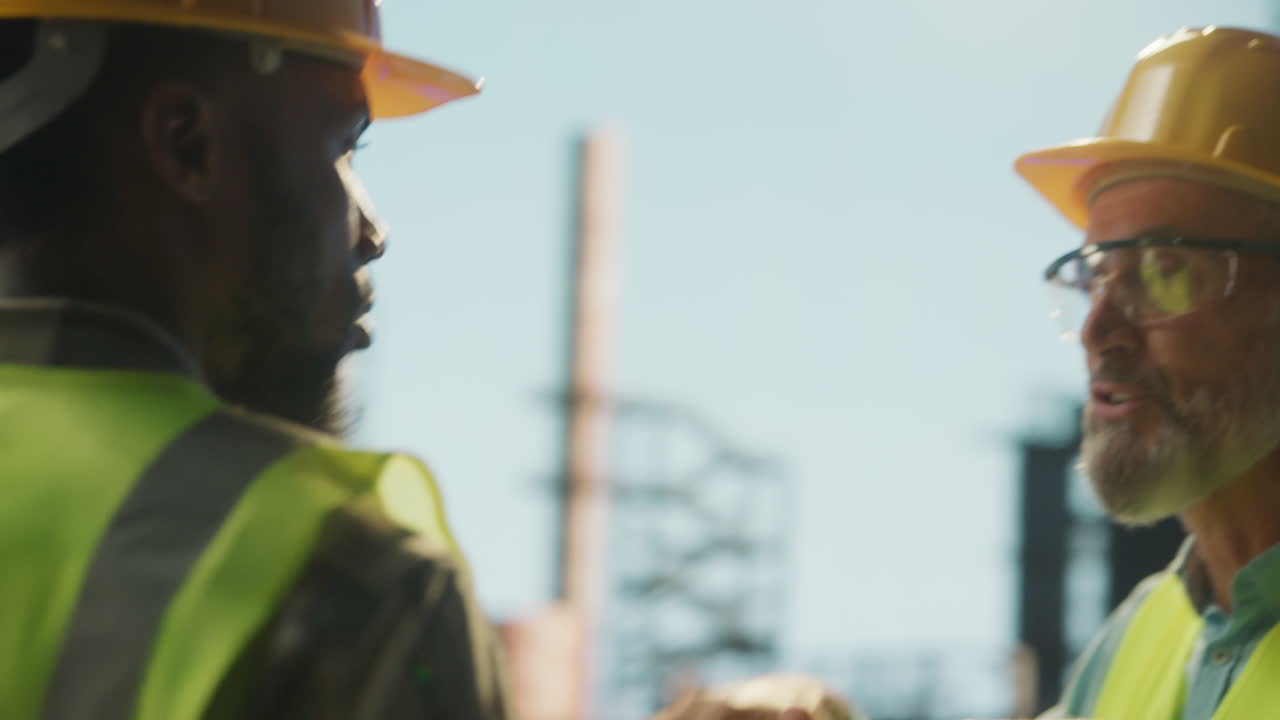 Ouvriers du bâtiment discutant des plans sur un site industriel
