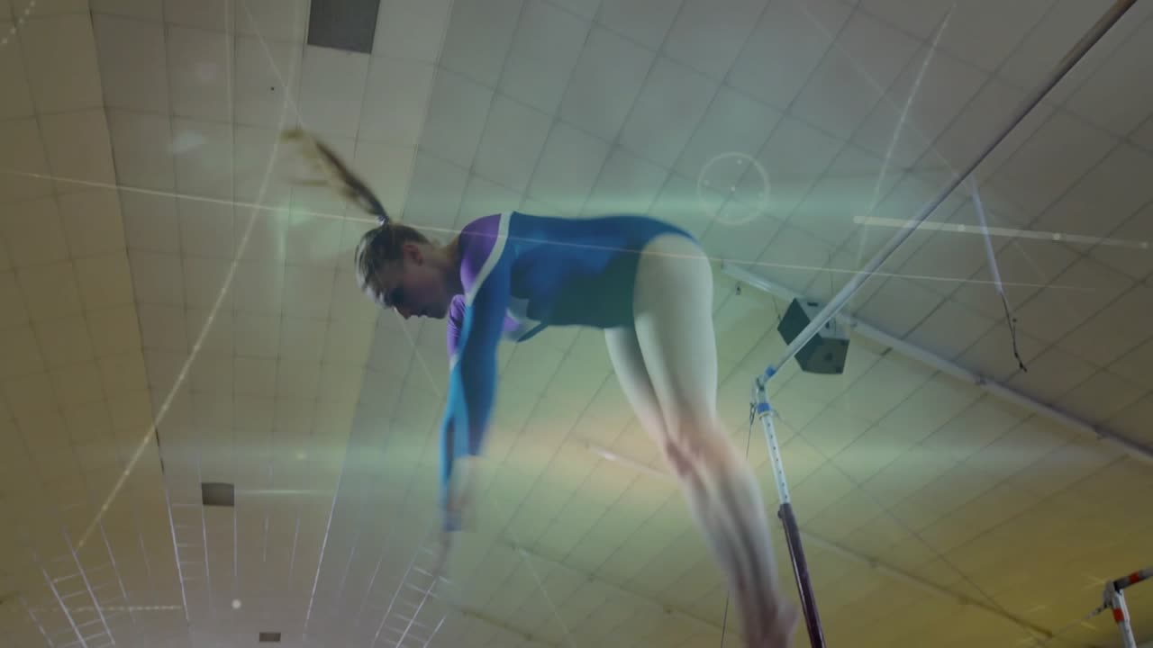 Sports gymnast grasping high bar swinging and releasing into flip with animated arc landing on mat