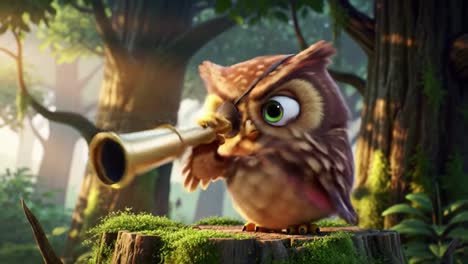 adventurous owl with a telescope: capturing the spirit of exploration in the enchanted forest, showcasing curiosity and wonder in each frame