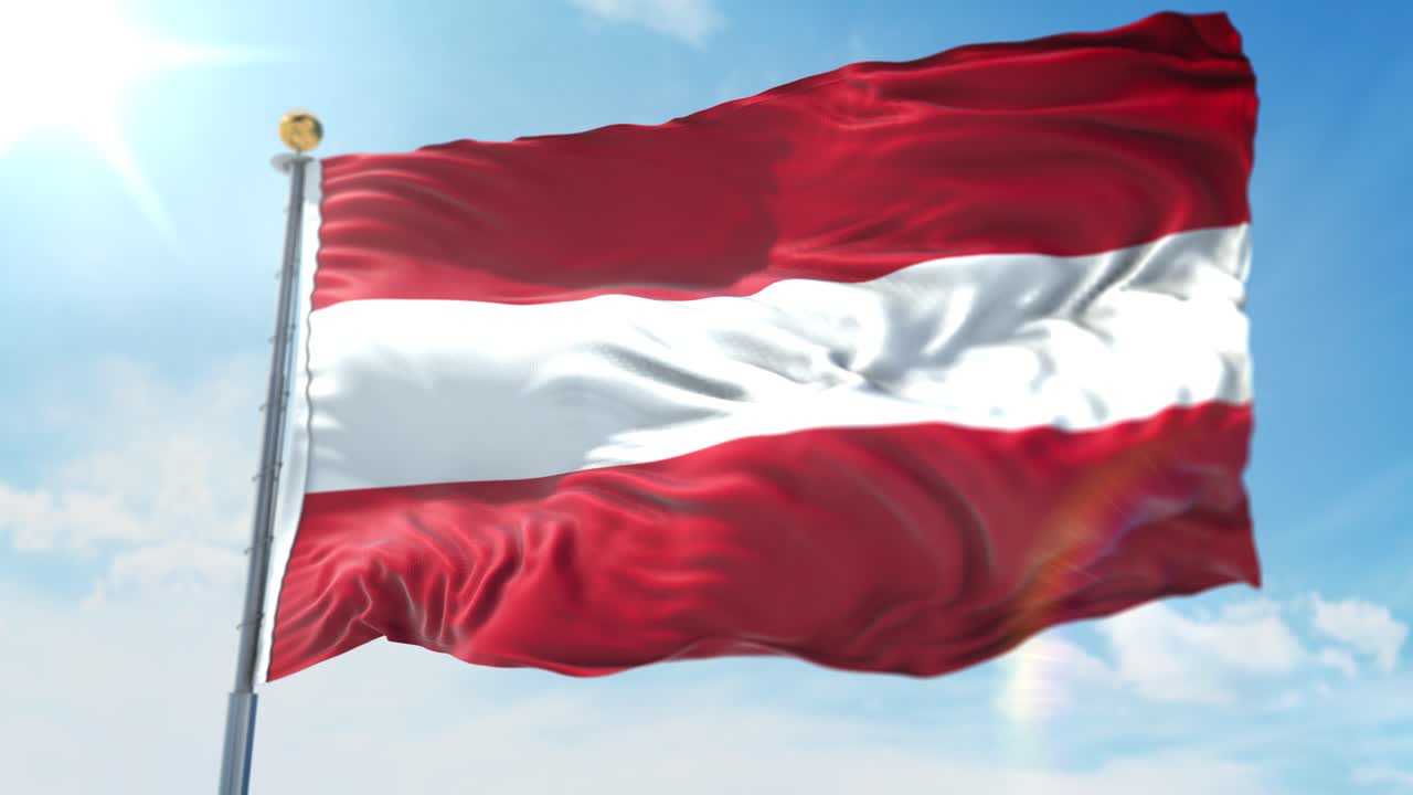 Illustrazione 3D 4K della bandiera sventolante su un'asta del paese Austria