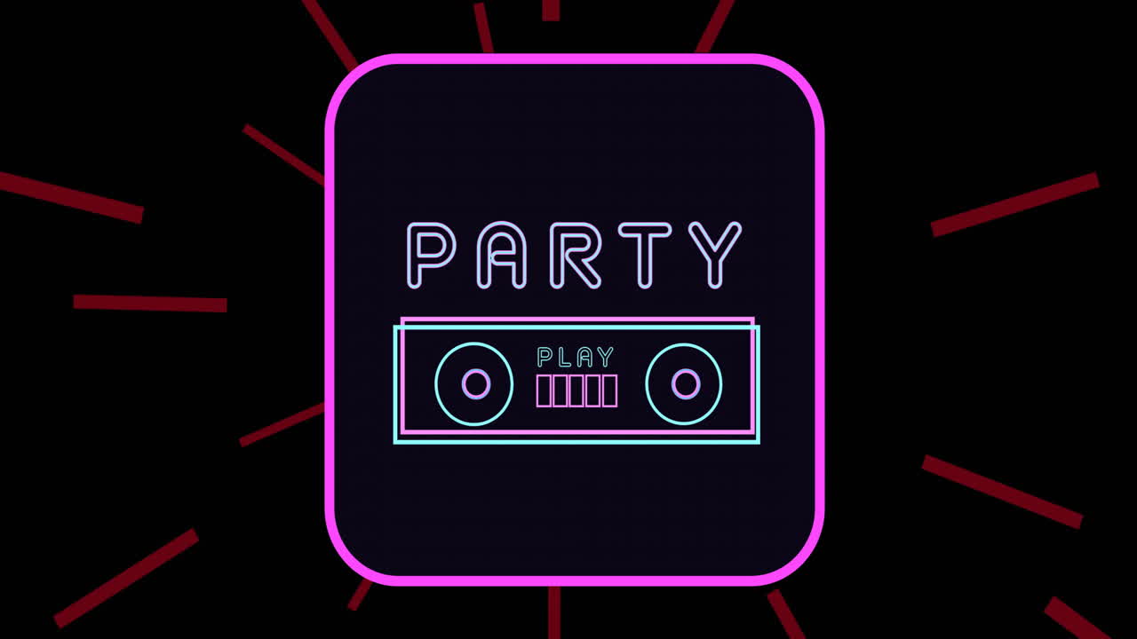 레트로 파티의 애니메이션, 빨간 빛 트레일과 함께 검은색에 분홍색 네온 사각형의 스피커와 함께 텍스트를 재생