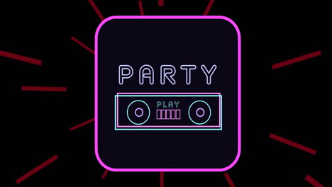 animation of retro party, play text with speaker in pink neon square on black with red light trails