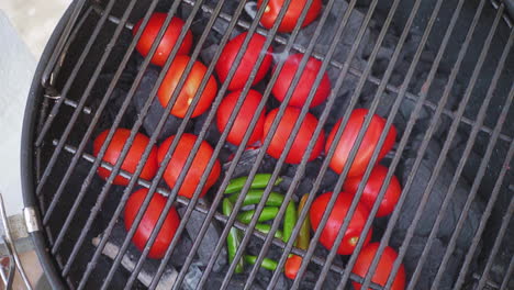 Top-Down-Aufnahme-Von-Tomaten-Auf-Grill,-Umgeben-Von-Chilis