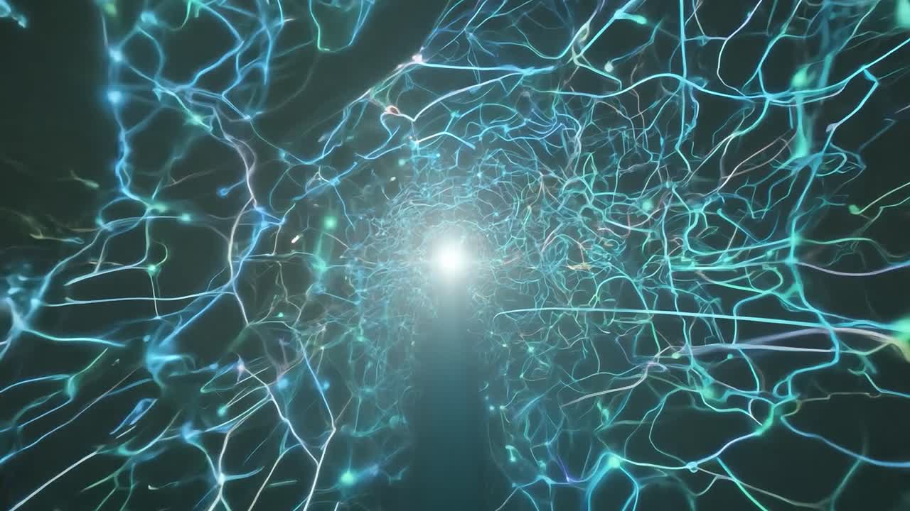 Light particles speed through a complex neural network, illustrating the dynamic processes of communication and connection