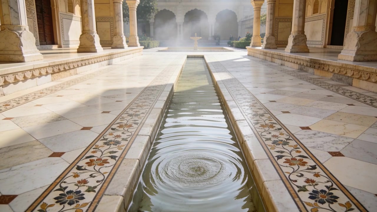 Canale d'acqua increspato che crea increspature dopo una piccola perturbazione, muovendosi verso una fontana in un porticato