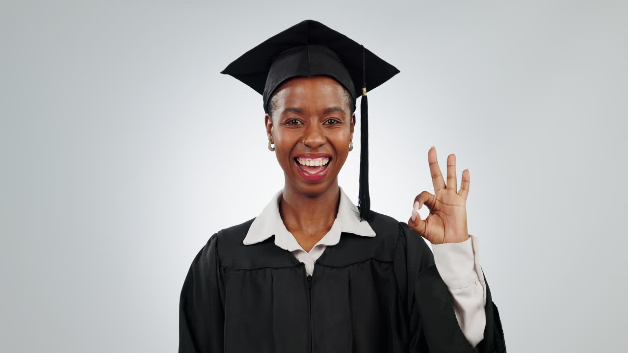 Woman, graduation and ok sign of student in studio