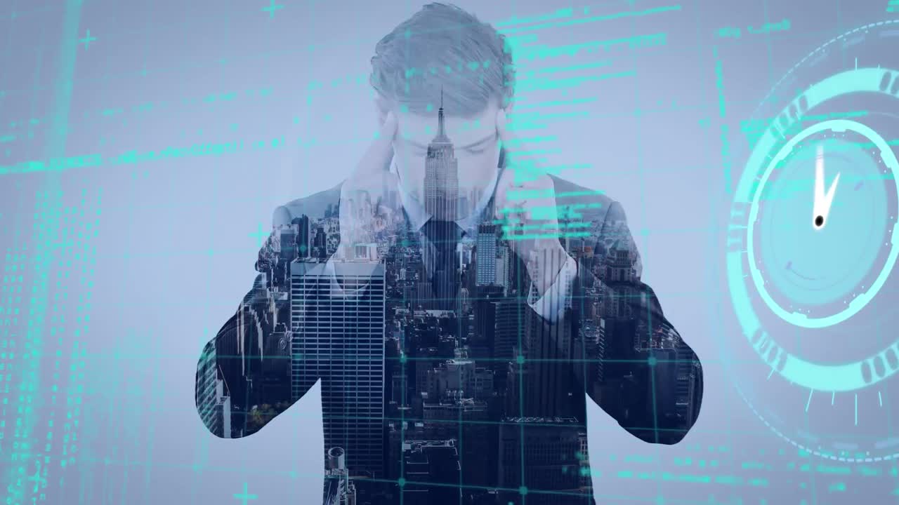 Animation of clock and data processing over caucasian businessman