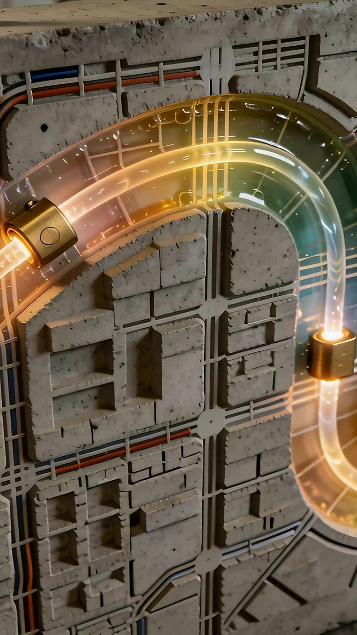 Vertical video: Pulsing glow entering left clear curved tube moving lit fluid gold clips on bay