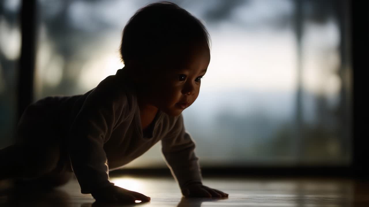 Un neonato curioso gattona in una luce soffusa, catturando l'innocenza e la meraviglia delle prime esplorazioni in un ambiente interno sereno