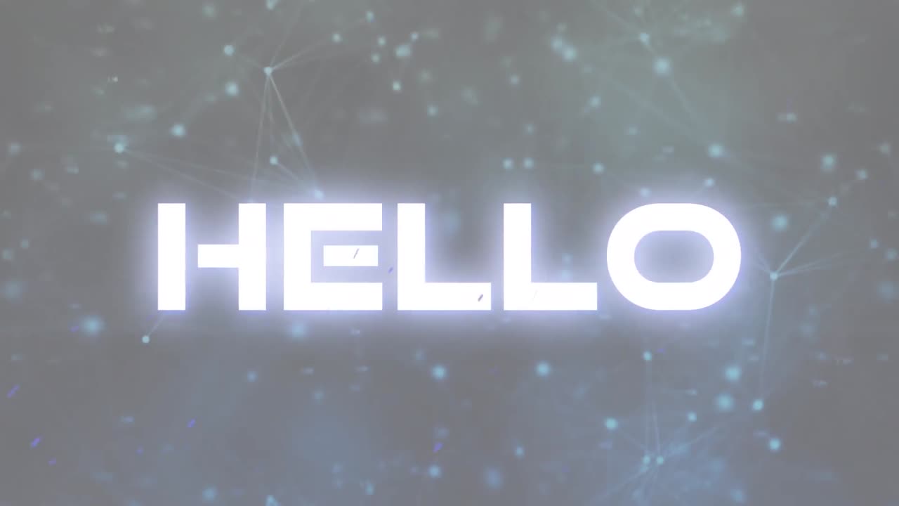 Animation of illuminated hello text over connected dots forming geometric shapes