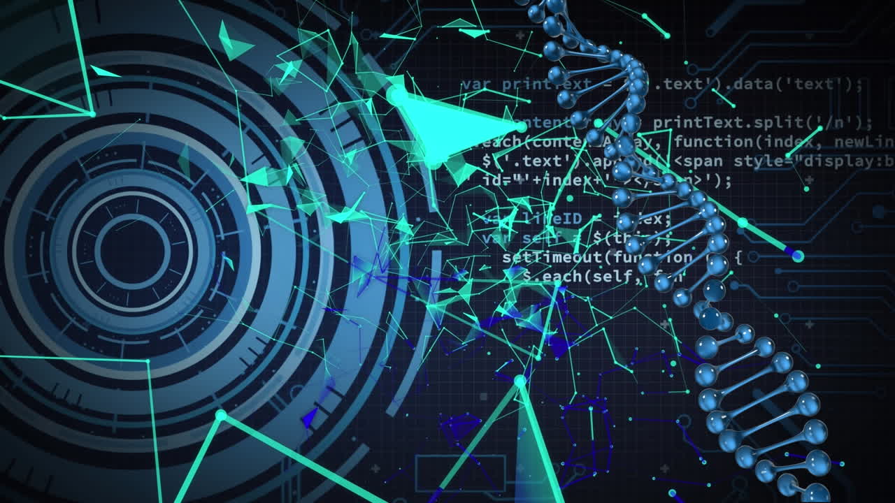 파란색 배경에 있는 데이터 처리 및 dna  ⁇ 의 애니메이션