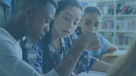 animation of network of connections over diverse boy and girl studying in the class at school