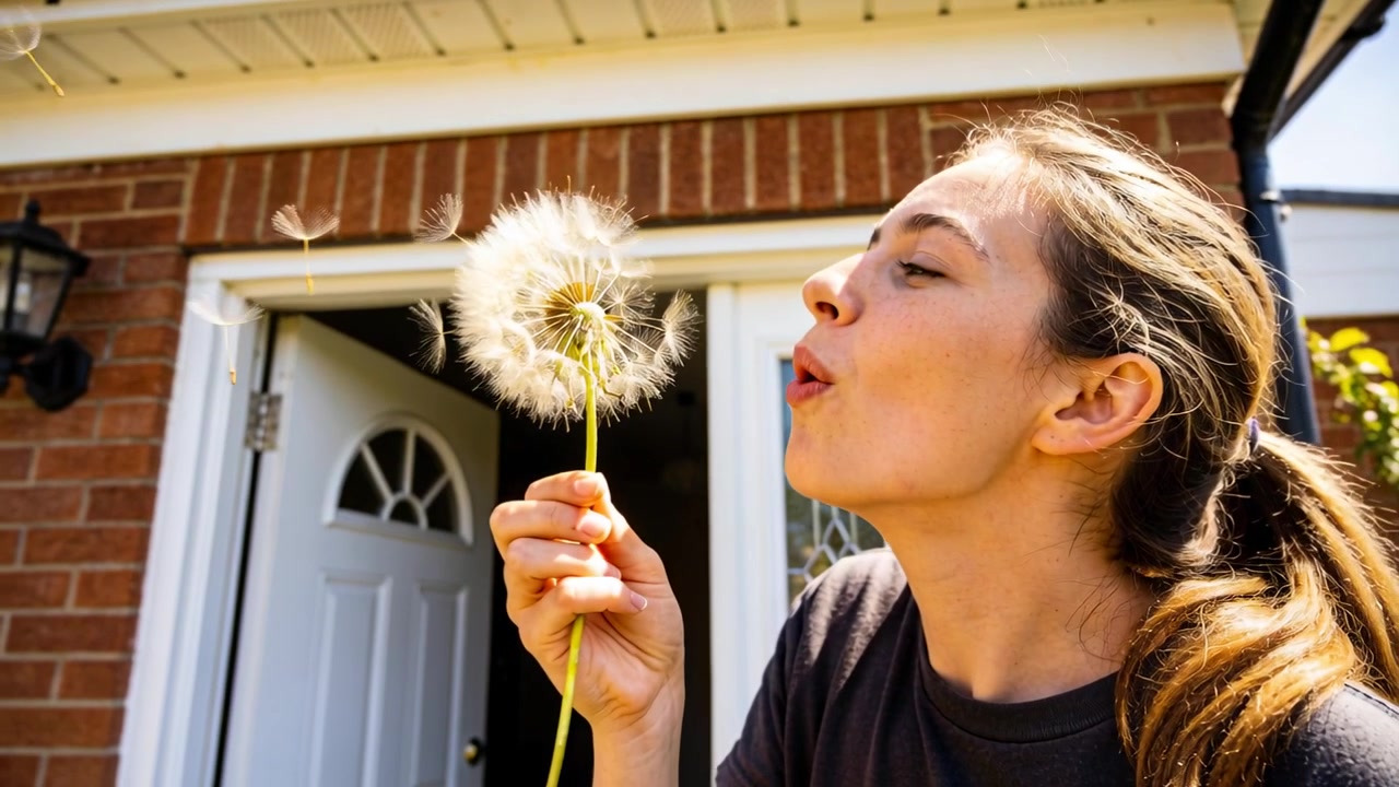 Donna in maglietta scura che avvicina un soffione, soffiando i semi e osservandoli fluttuare sul portico, con spazio copia