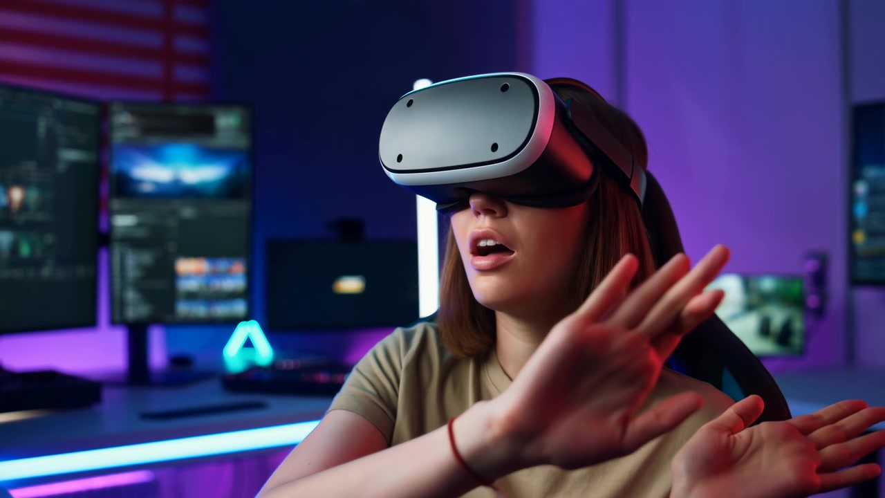 Giovane donna con visore VR che reagisce in uno studio al neon, mani che si protendono verso un'interfaccia invisibile, bocca aperta.