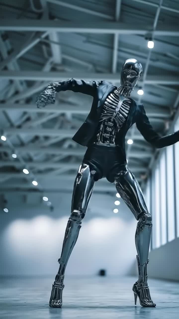Skeletal robot in black suit posing at technology exhibition for visitors and media