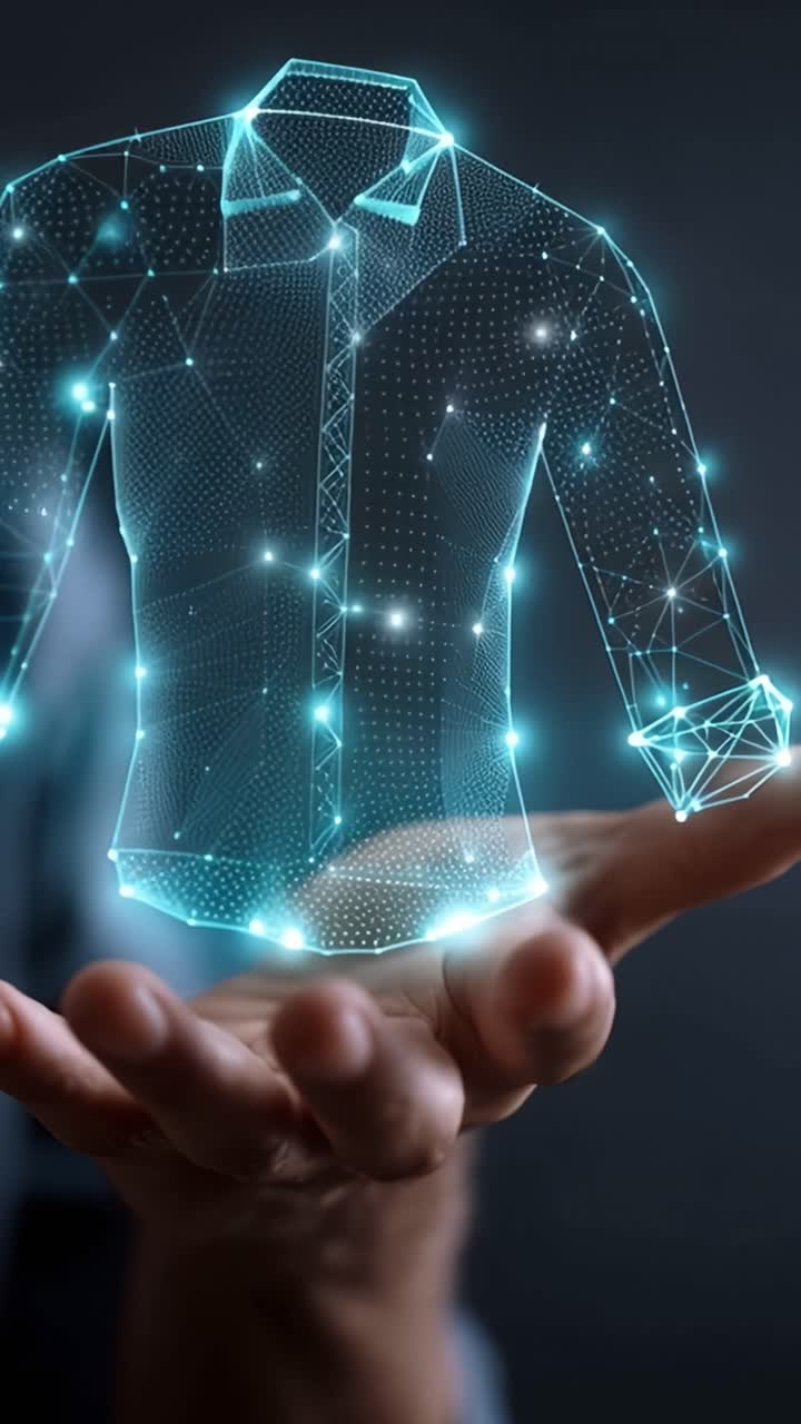 Una trasformazione digitale del design di abbigliamento mostra una camicia luminosa e olografica tenuta da una mano, incarnando innovazione e tecnologia di moda futuristica.