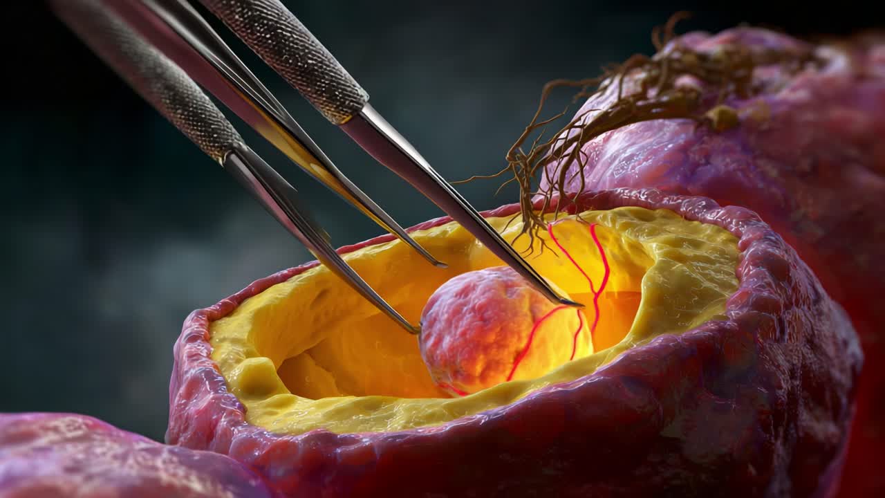 Intricate Biological Process Revealed: A Close-Up of Cellular Activity Highlighting the Interaction Between Tweezers and a Vibrant Cell Membrane Structure