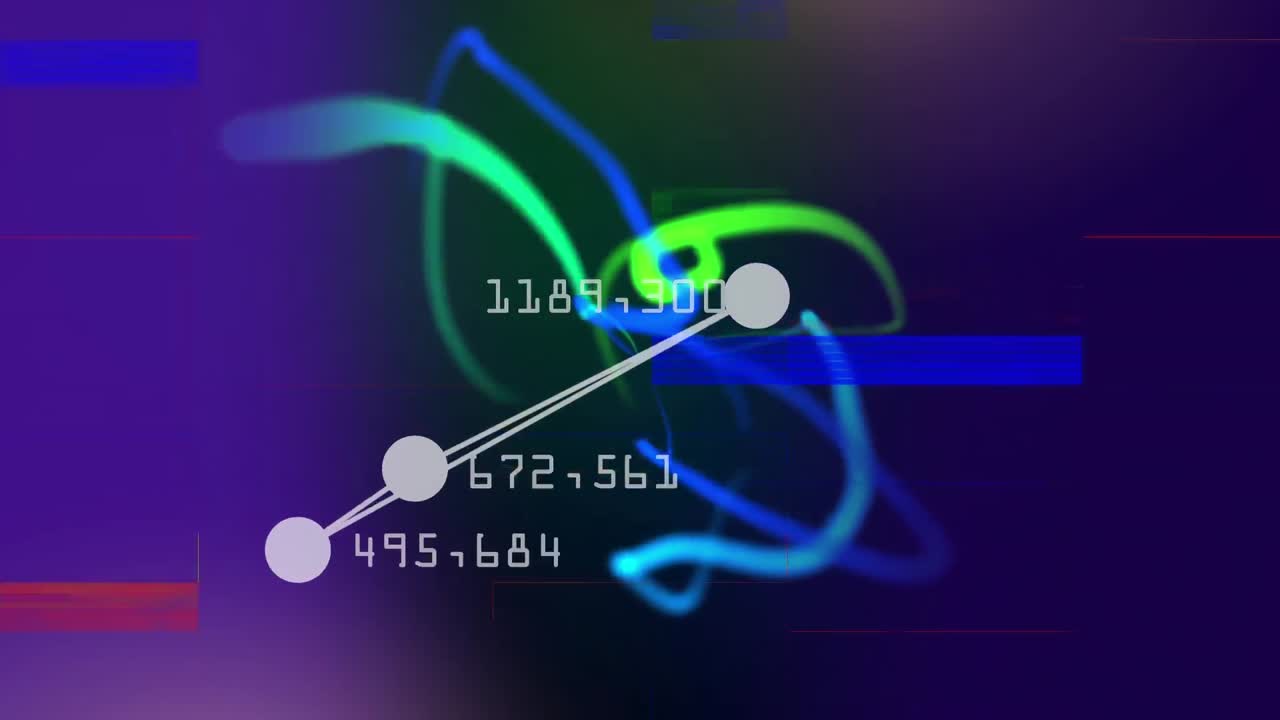 각에 숫자가있는 삼각형을 형성하는 연결된 공. 다채로운 레이저와 sizzled 스트립이 움직이는 동안