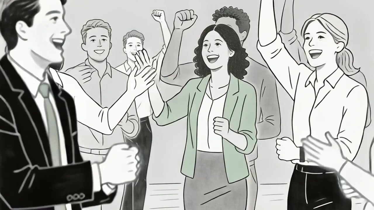 Leading central man in dark suit raising fist, reaching to high-five team at office celebrating win