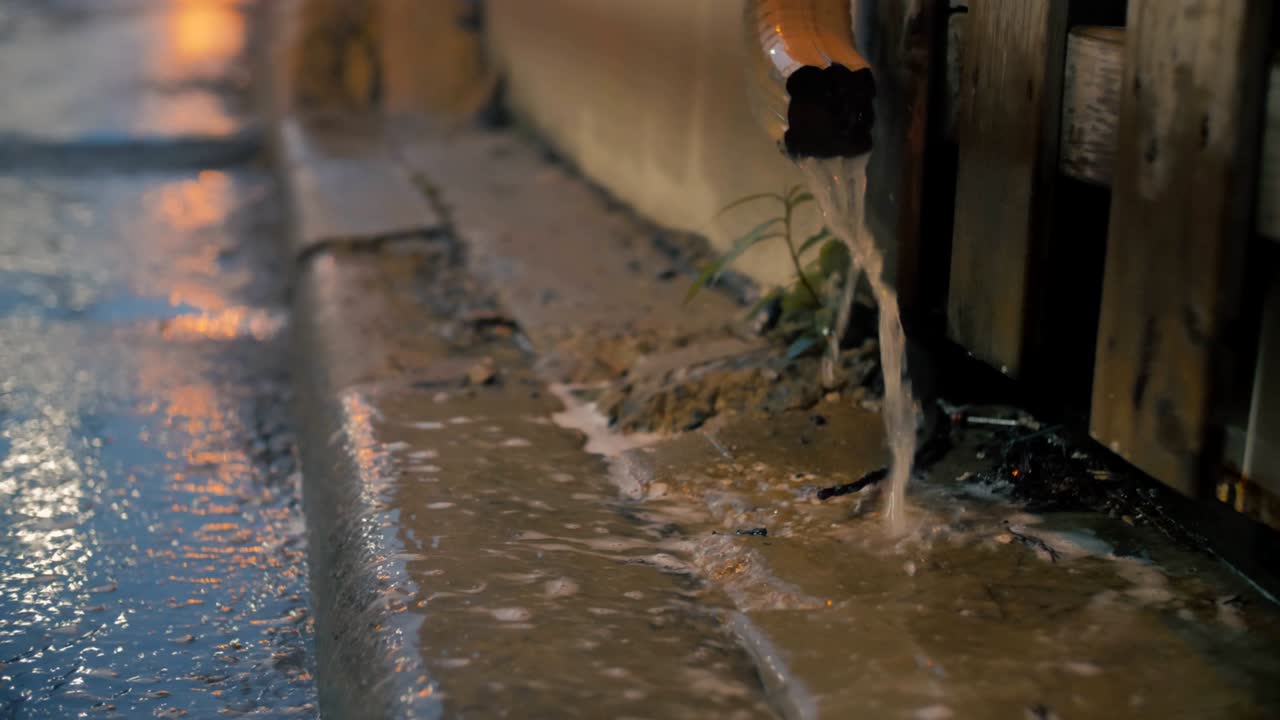 Cinematic establishing shot of an alleyway during a storm.