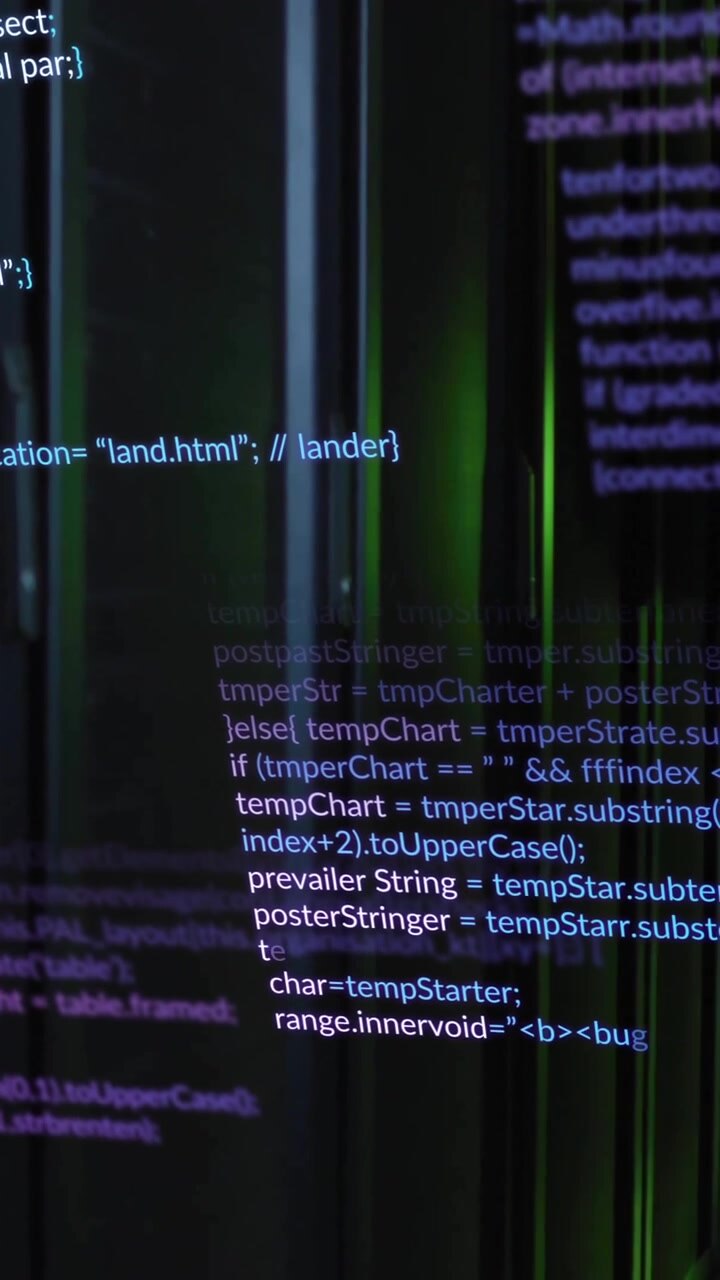 Computer code animation over person walking through server room