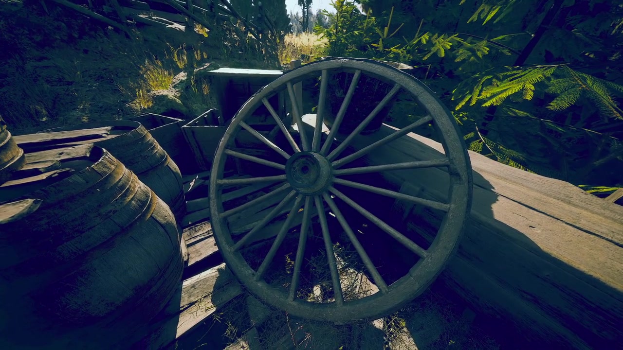 Ruota di carro tra tesori dimenticati in un paesaggio incolto
