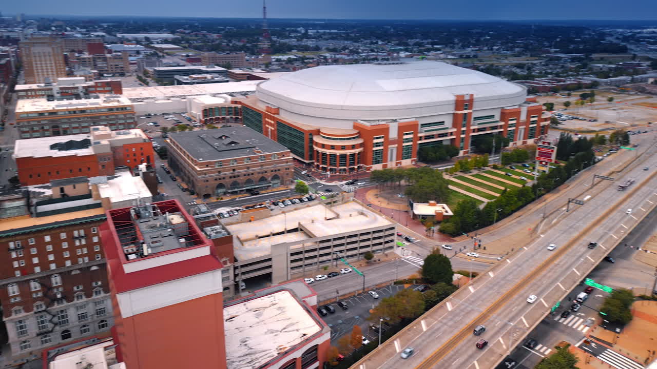 Saint Louis USA, 14 August 2025: Dense urban landscape of modern St. Louis, Missouri, USA. View on the Edward Jones Dome stadium from drone