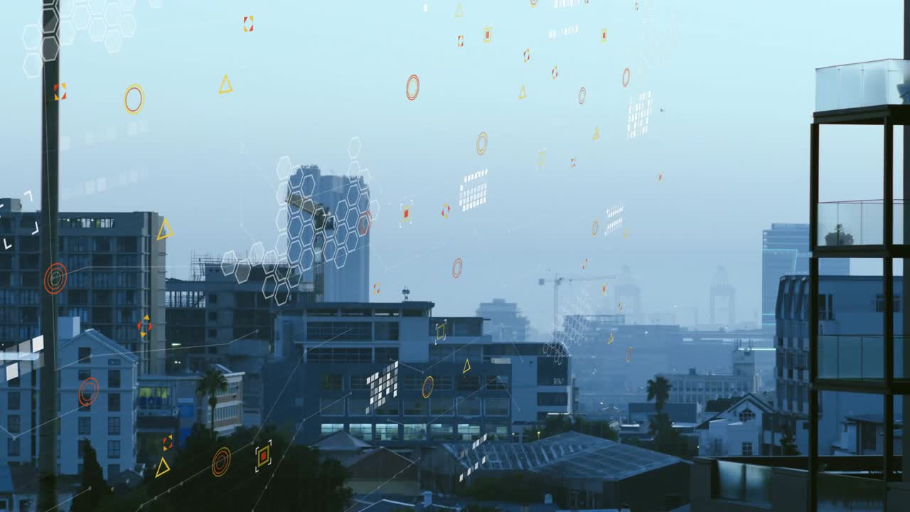 Urban skyline receiving data pulse, floating icons forming linked hex grids, visualizing network
