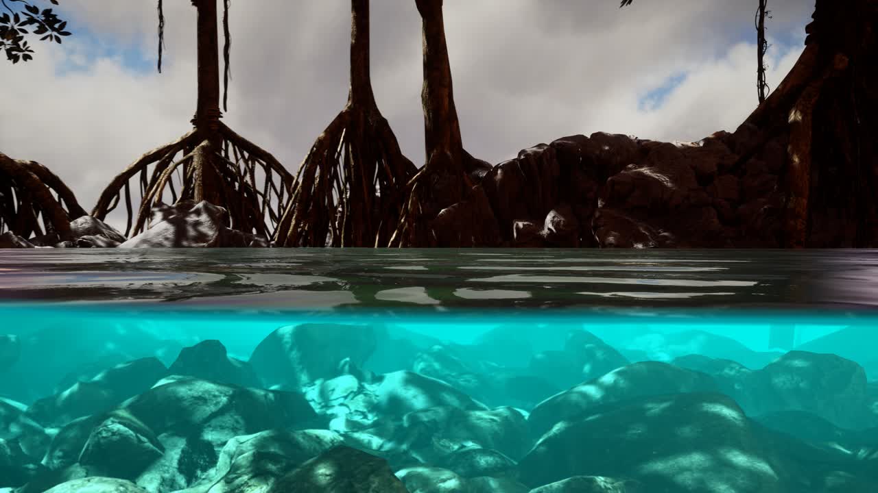 만그로브 나무 근처의 해수면 위와 해수면 아래