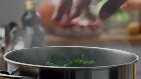 hand placing fresh spinach leaves into steaming pot