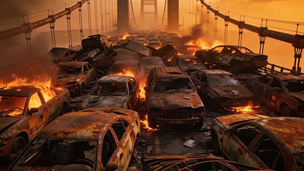 Auto bruciate e carbonizzate, SUV e pickup che riempiono le corsie di un ponte sospeso, con fiamme che spingono il fumo verso l'alto.