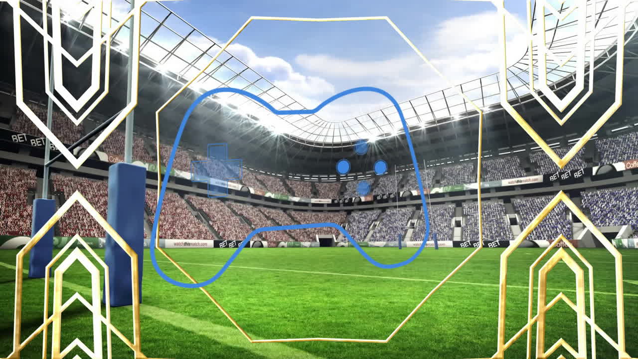 Animation of game controller icon with geometric frame overlay in stadium scene