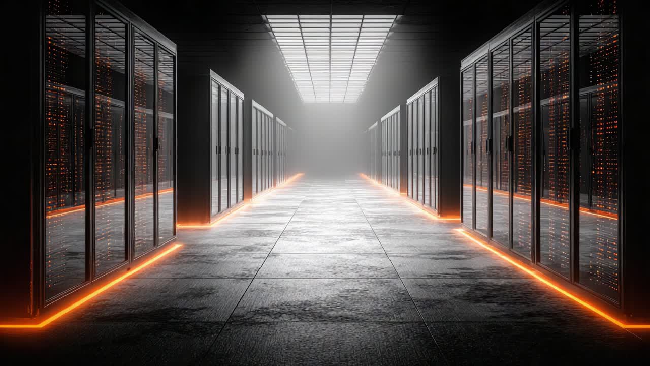 En futuristisk datacenterskorridor med rækker af servere og oplyste gange, der symboliserer moderne teknologiinfrastruktur og konnektivitet.
