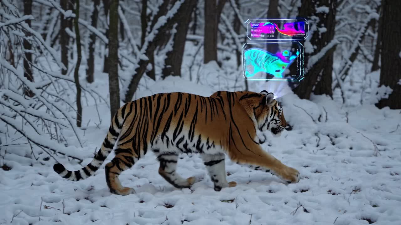 Siberian Tiger in a Snowy Forest with Infrared Tracking