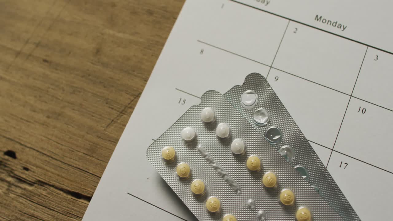 Video of close up of yellow tablets over calendar on wooden table