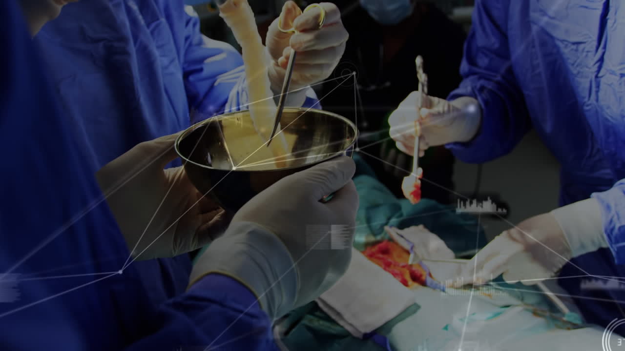 Animation of network of connections and data processing over surgeons in operating theater