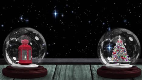 Animation-of-two-snow-globes-with-christmas-tree-and-lanter-and-winter-scenery-with-snow-falling